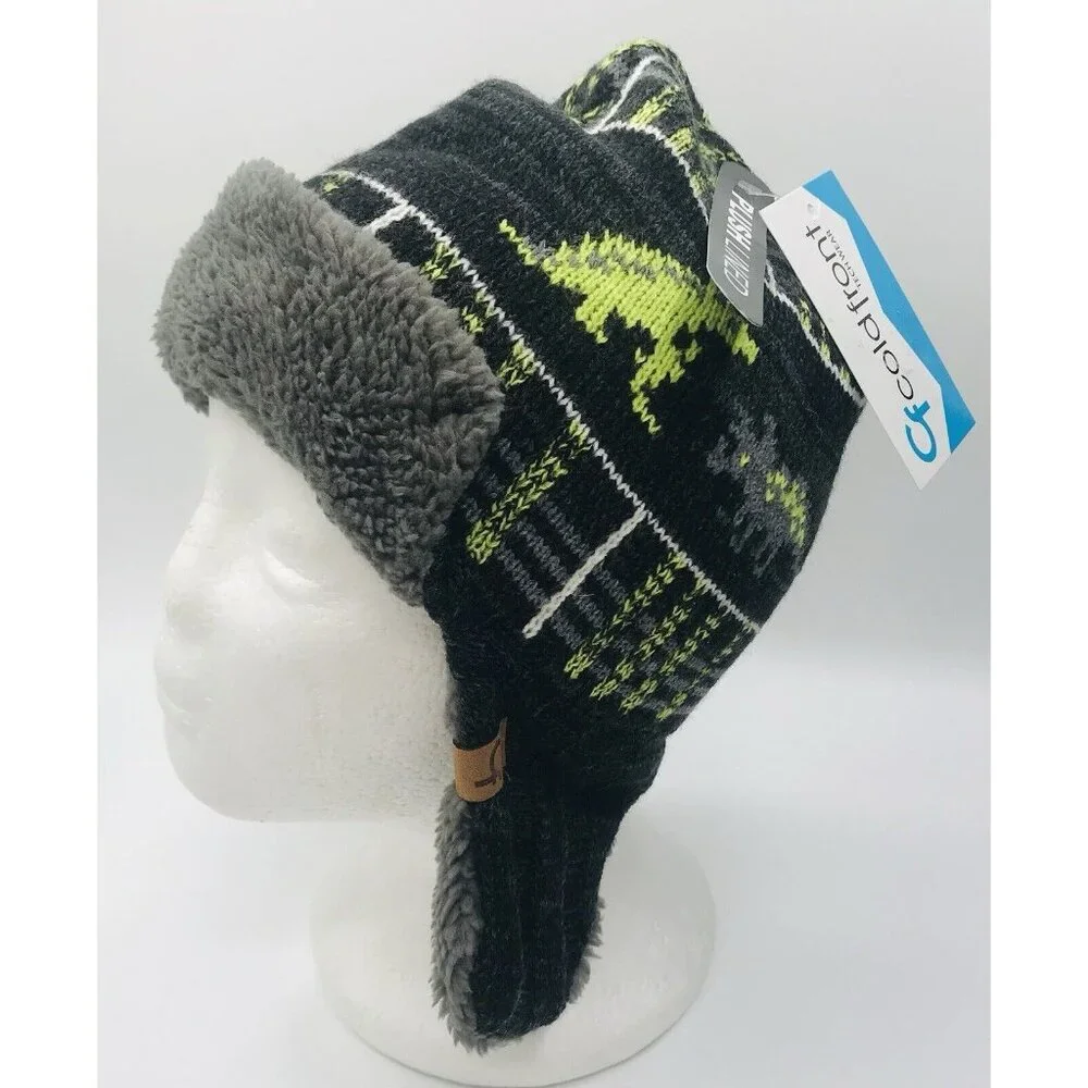 Cold Front Beanie Hat Boys Size 4-7 Dinosaur Faux Fur Gray Green‎ Ear Flap